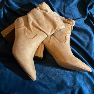 Womens Pointed Toe Stacked Mid Heel Calf Boots Faux Leather (NWOT) (No Box)